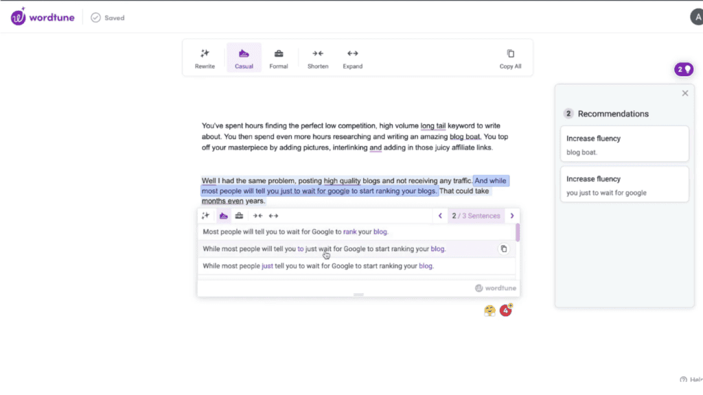 wordtune ai sentence rewriting tool showing multiple alternative suggestions