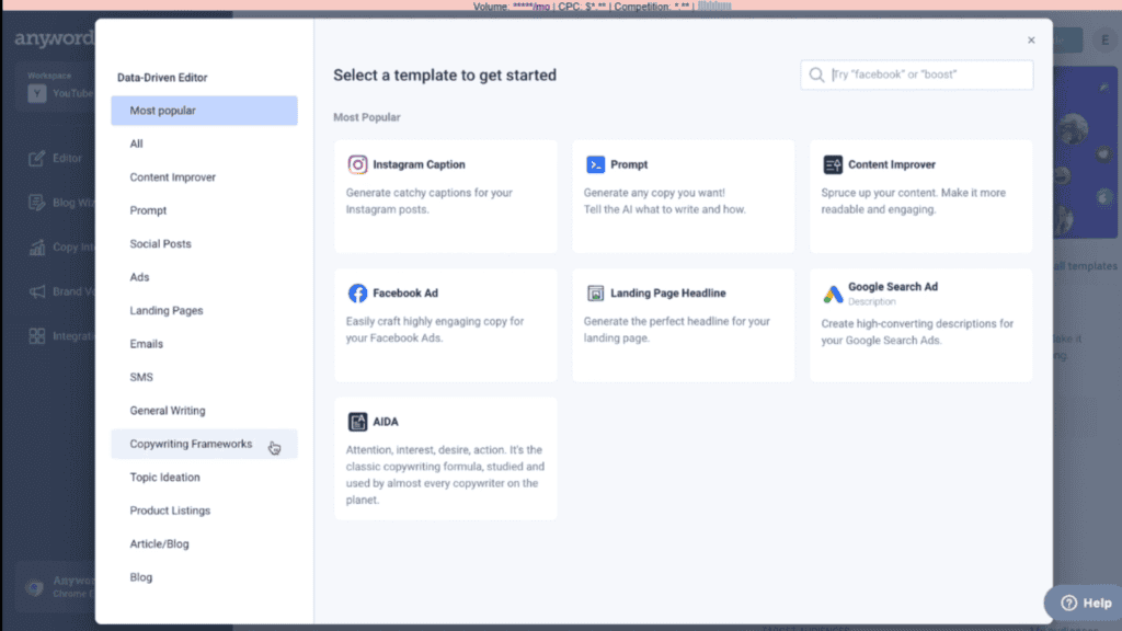 anyword ai copywriting tool dashboard with predictive performance score