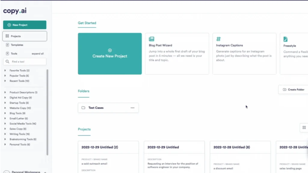 copy ai dashboard showing workflow templates for marketing copywriting