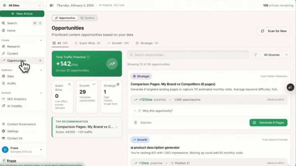 frase ai content research and writing tool dashboard with serp analysis