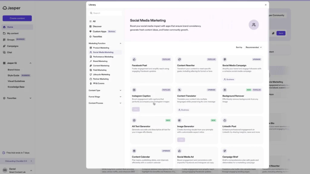jasper ai dashboard showing writing templates and content editor interface