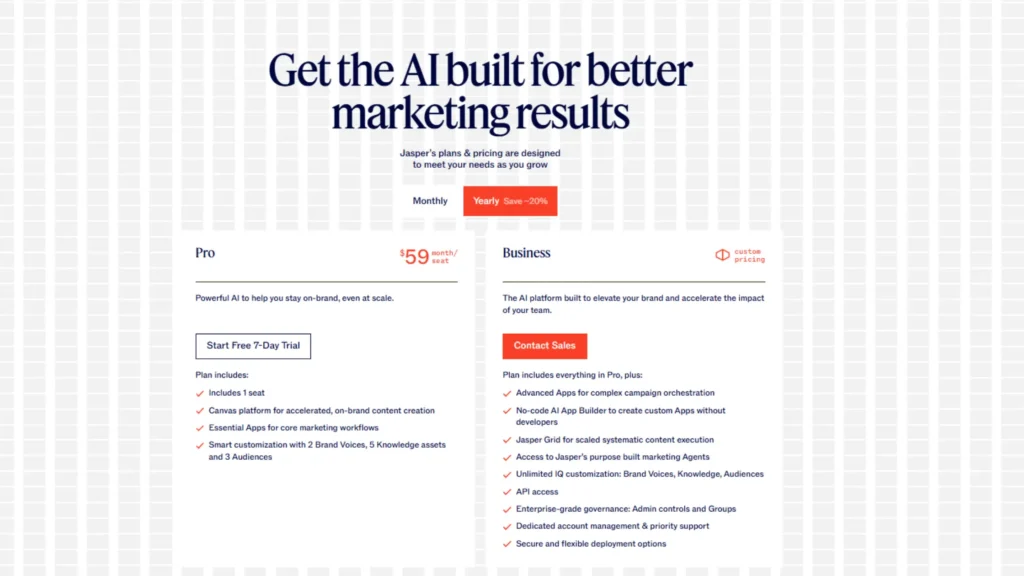 jasper ai pricing plans showing creator at 49 dollars and pro at 59 dollars per month