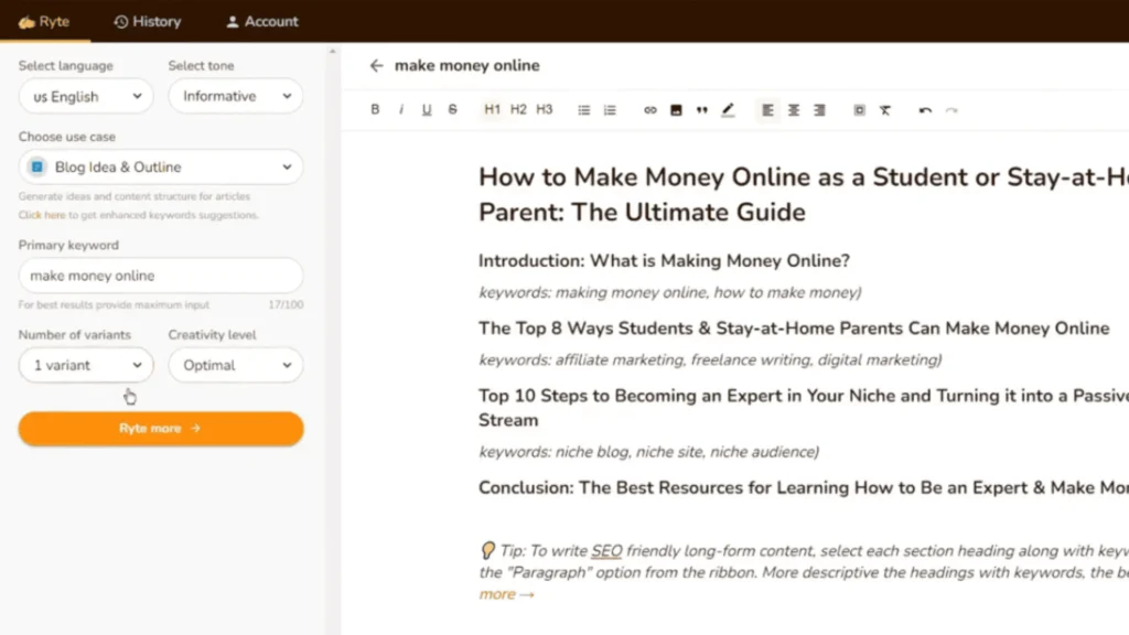 rytr ai writing tool dashboard with 40 plus templates and use cases