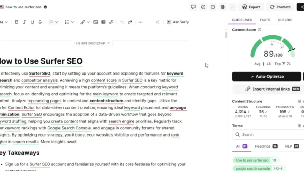 surfer seo content editor showing real time seo optimization score and suggestions