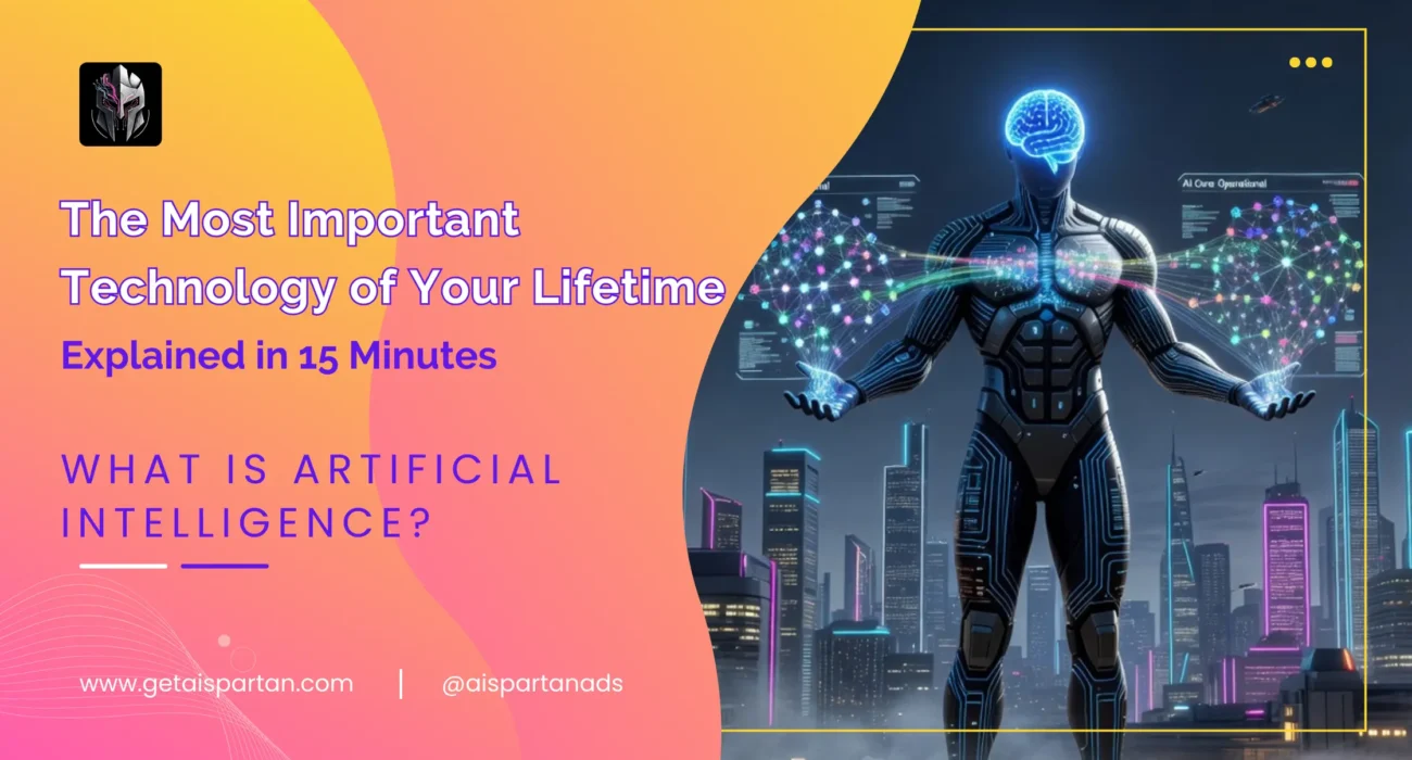 What is artificial intelligence - digital brain made of neural network connections surrounded by AI application icons including healthcare, transportation, and communication symbols - beginner guide 2026