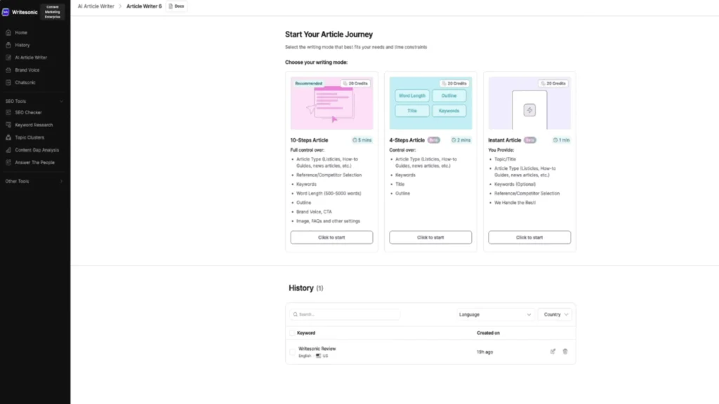 writesonic ai writing tool dashboard with 100 plus content templates
