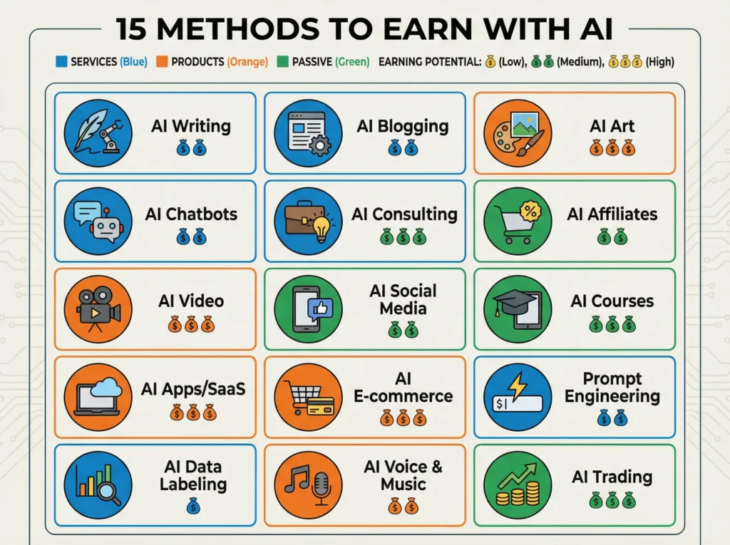 Infographic showing 15 proven ways to make money with AI in 2026 including AI writing, AI art, AI chatbots, AI consulting, AI video creation, and more