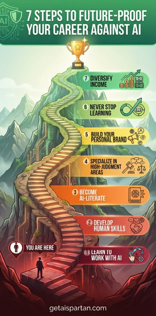 7-step roadmap to future-proof your career against AI starting with learning AI tools and ending with diversifying income