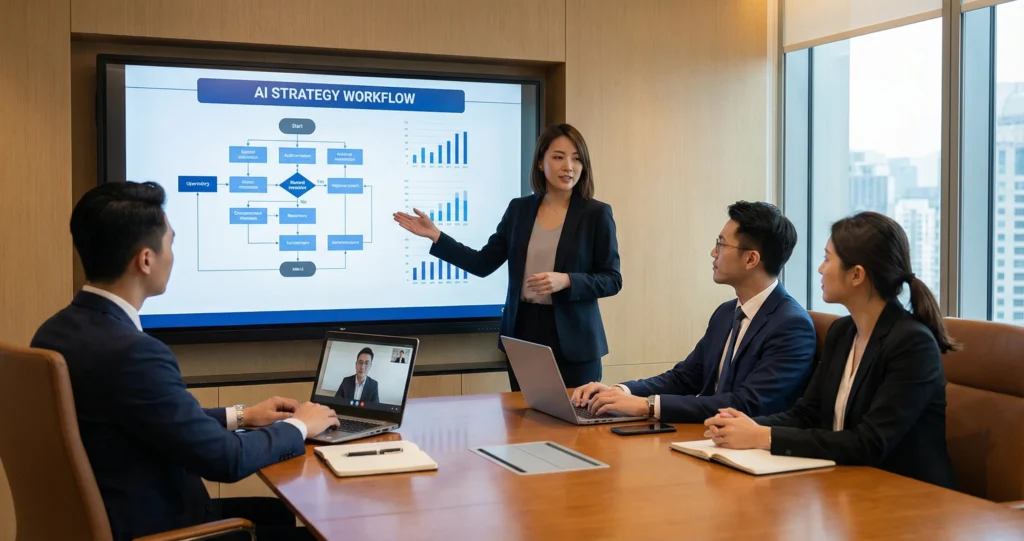 AI consultant presenting artificial intelligence strategy and implementation plan to small business team in meeting room