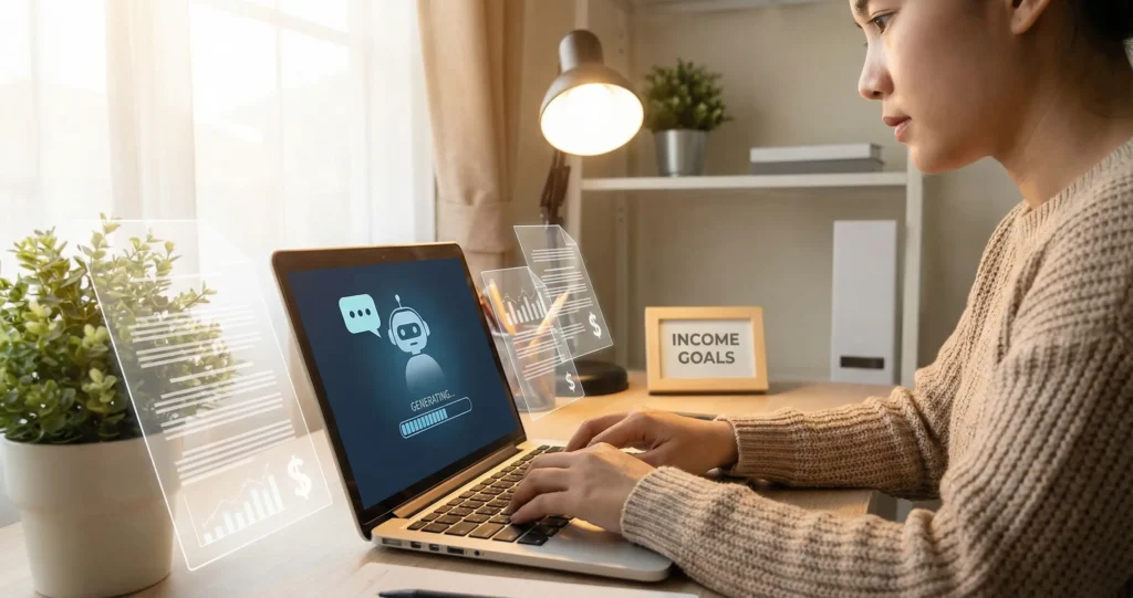 AI freelance writer using ChatGPT and AI writing tools on laptop to create content for clients and earn money