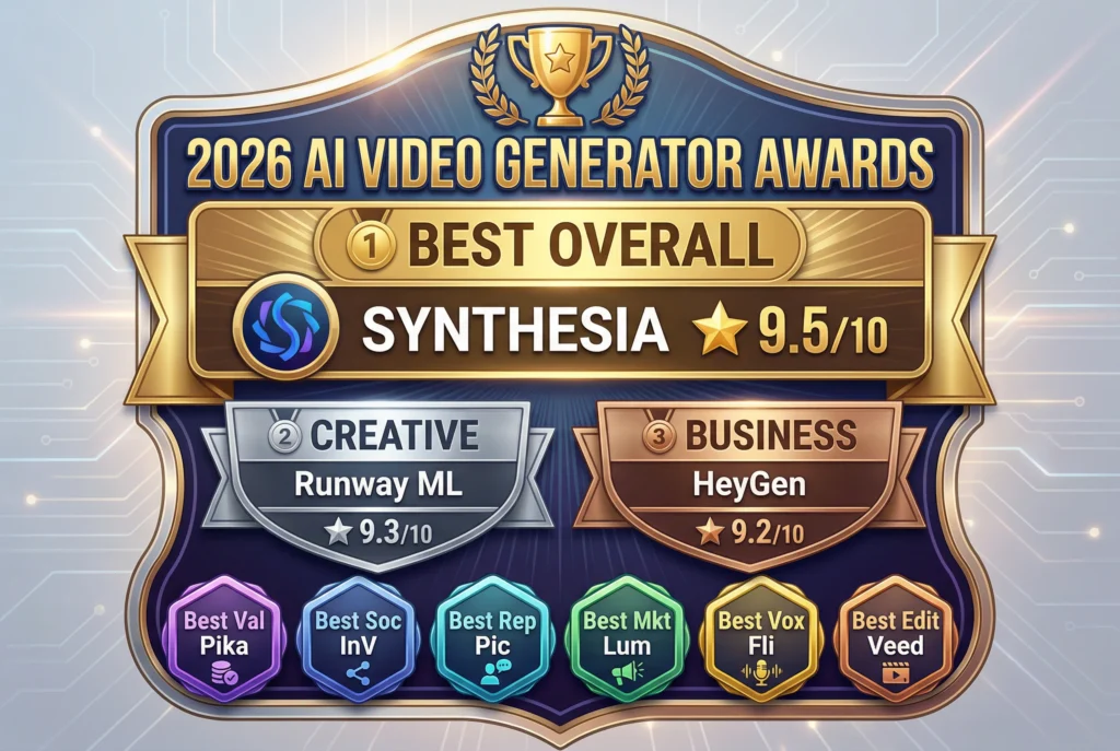 2026 AI Video Generator Awards showing category winners - Synthesia best overall, Runway ML best creative, HeyGen best business