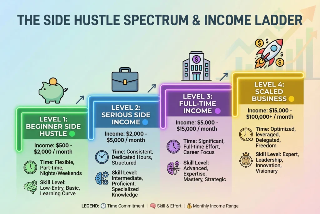 AI income spectrum infographic showing four earning levels from beginner side hustle at $500/month to scaled AI business at $100,000+/month