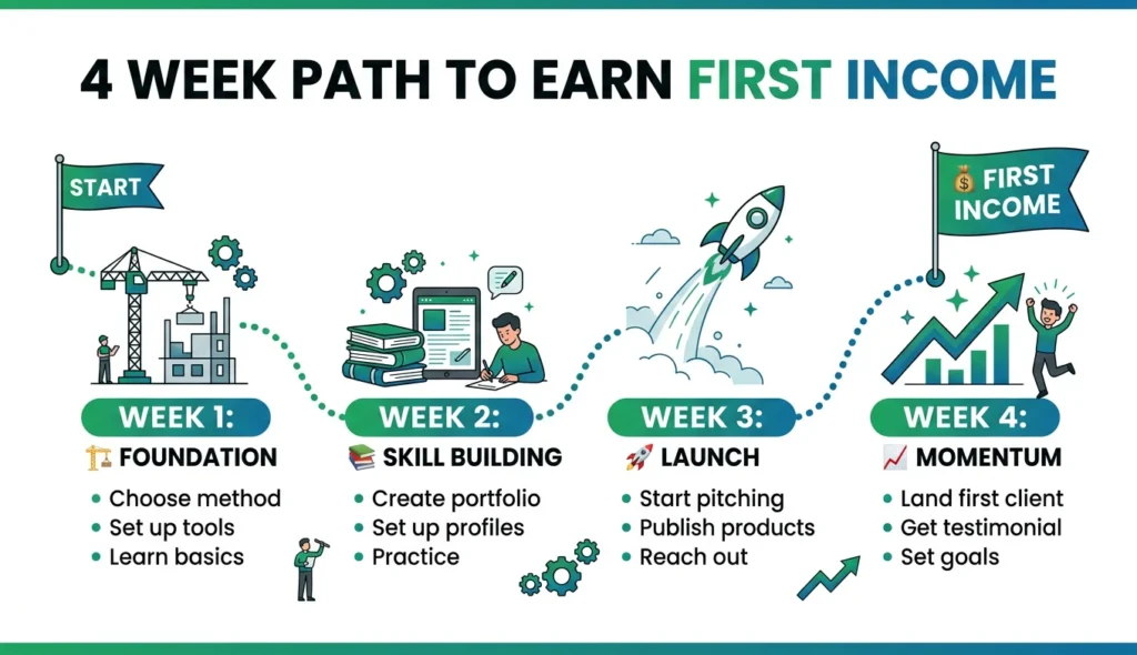 30-day action plan infographic for making money with AI showing weekly milestones from foundation and skill building to launch and first income