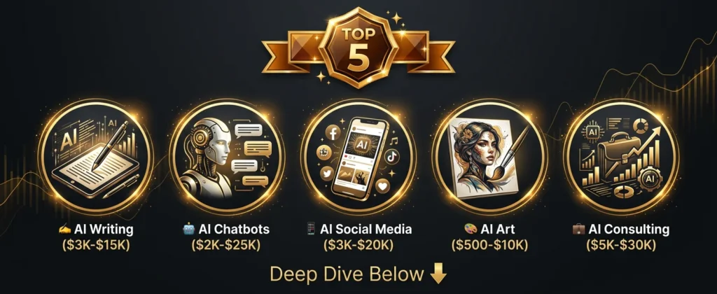 Top 5 AI money-making methods for deep dive analysis — AI writing, AI chatbots, AI social media management, AI art selling, and AI consulting