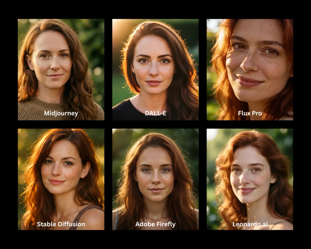Same portrait prompt tested across 5 different AI image generators showing quality differences between Midjourney, DALL-E, Flux Pro, Stable Diffusion, and Adobe Firefly