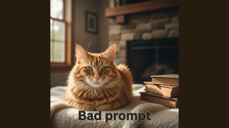 Bad vs good AI prompt comparison showing simple cat prompt versus detailed descriptive prompt results
