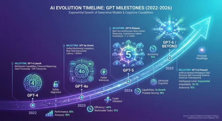 ChatGPT evolution timeline 2022 to 2026 GPT-4 GPT-4o GPT-5 AI advancement infographic