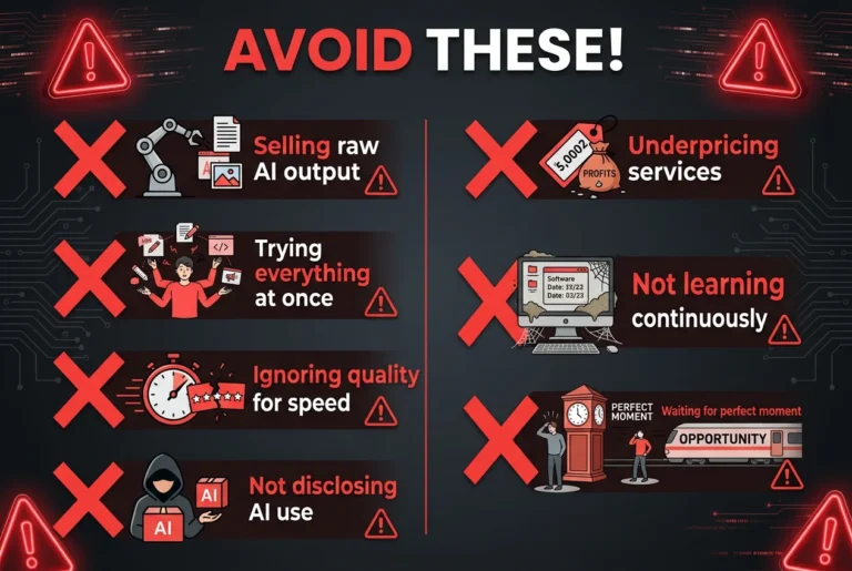 Infographic showing 7 common mistakes to avoid when making money with AI including selling raw AI output, underpricing services, and waiting to start