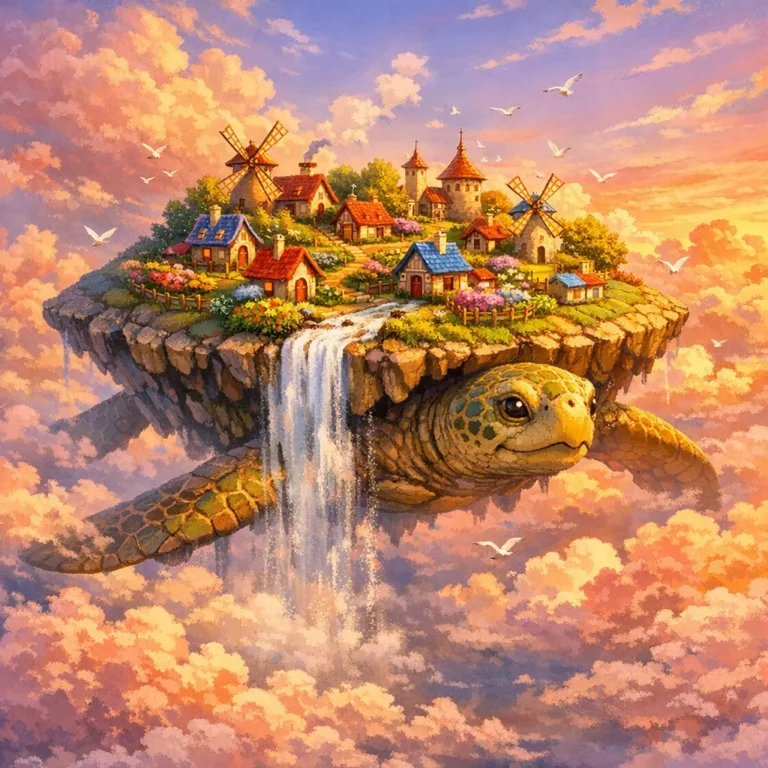 DALL-E 4 generated whimsical floating island village on a giant sky turtle in sunset clouds