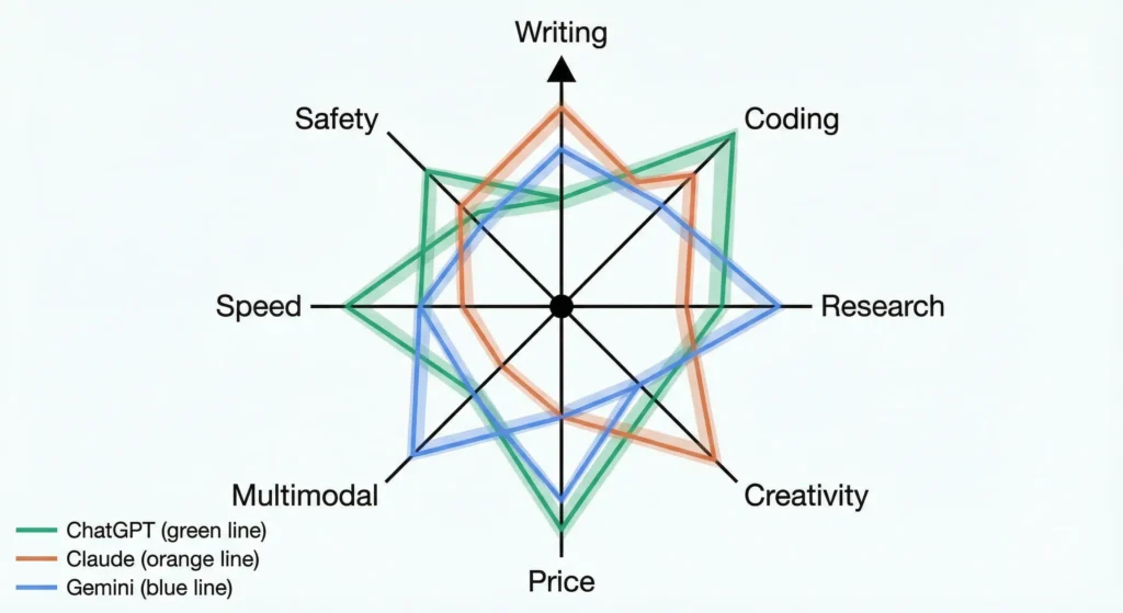 Side-by-side comparison infographic of ChatGPT, Claude, and Gemini features and specs