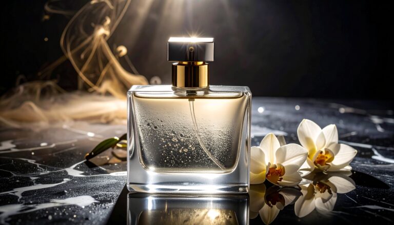 Adobe Firefly generated commercial perfume advertisement showing luxury product photography safe for commercial use