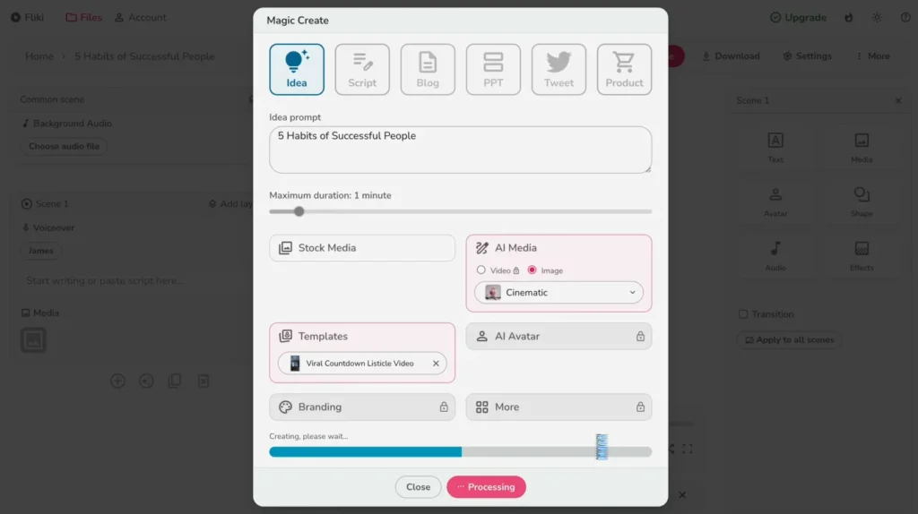Fliki AI voice and video generator interface showing 2000+ voice library and video creation workspace
