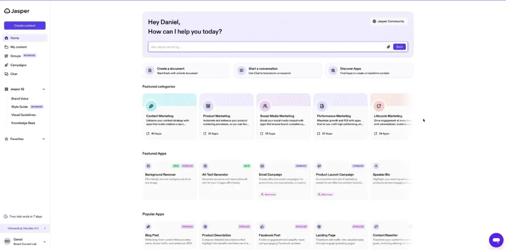 Jasper AI homepage and dashboard overview screenshot 2026