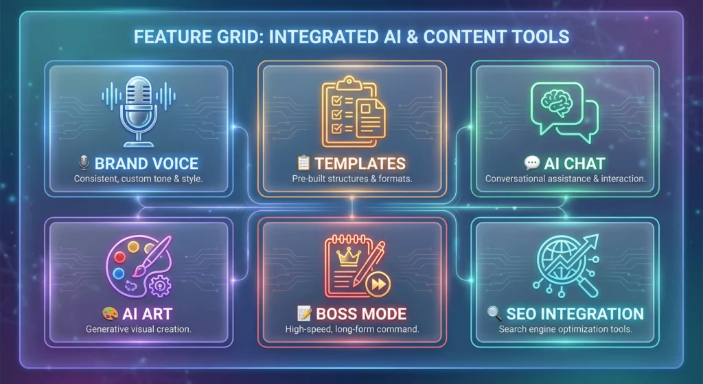 Jasper AI six key features overview including Brand Voice, Templates, AI Chat, AI Art, Boss Mode, and SEO Integration