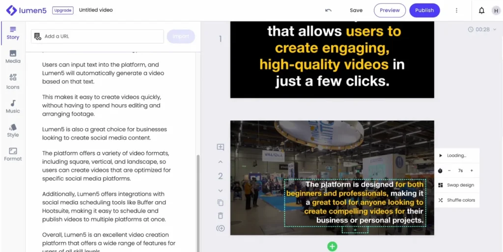 Lumen5 AI video maker for marketing teams showing brand kit management and video editor