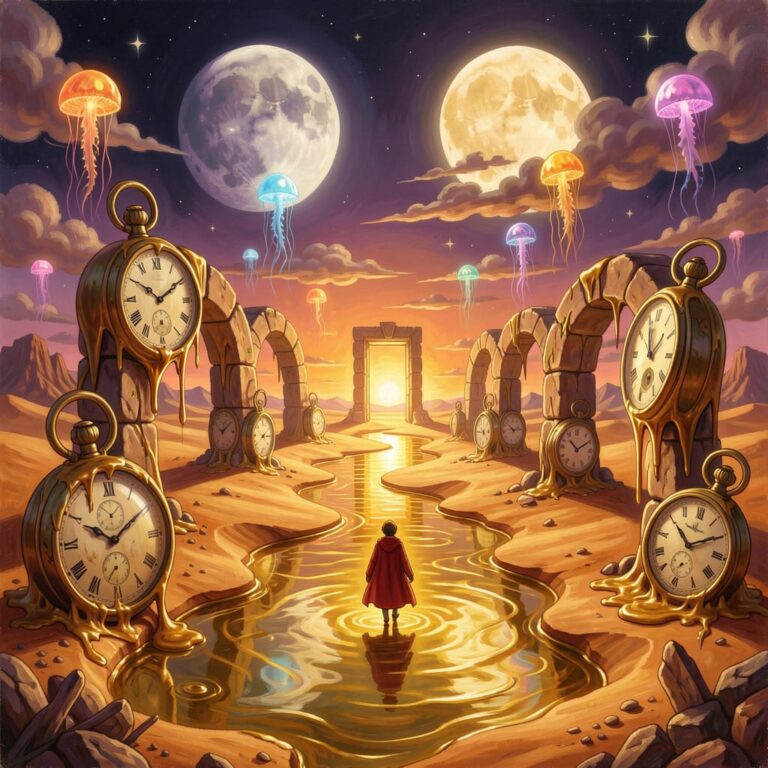 NightCafe AI generated surrealist dreamscape painting combining Dali-style melting watches with fantasy elements