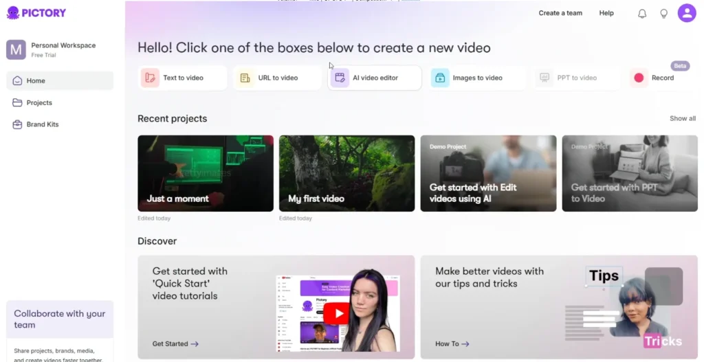 Pictory blog-to-video conversion interface showing URL input and auto-generated video storyboard
