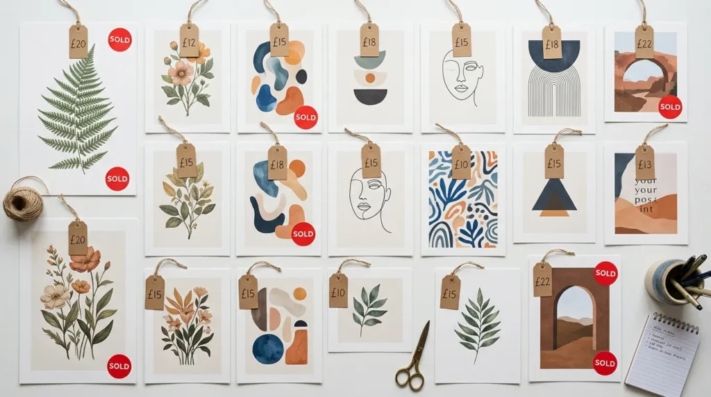 AI-generated art prints displayed for sale on Etsy marketplace including botanical prints, abstract art, and fantasy landscapes