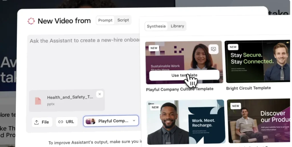 Synthesia AI video generator dashboard with AI avatar selection and video editor interface