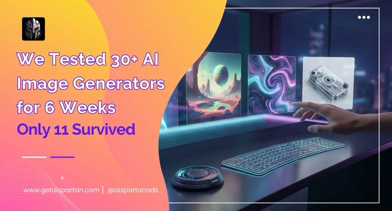 AI Spartan testing the 11 best AI image generators in 2026 — futuristic workspace with comparison grid on ultrawide monitor