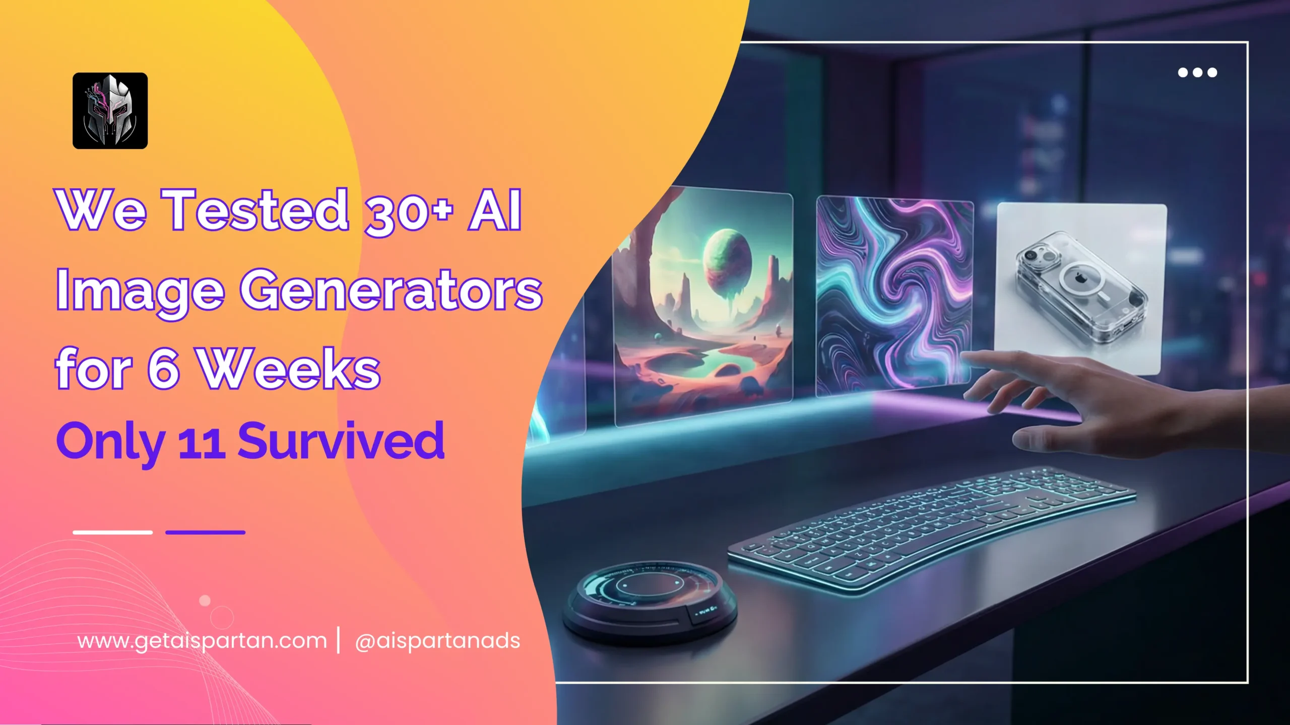 AI Spartan testing the 11 best AI image generators in 2026 — futuristic workspace with comparison grid on ultrawide monitor