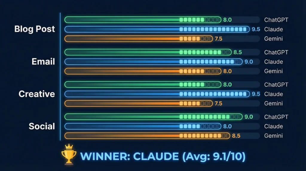 Bar chart comparing writing test scores for ChatGPT, Claude, and Gemini across blog posts, emails, creative writing, and social media