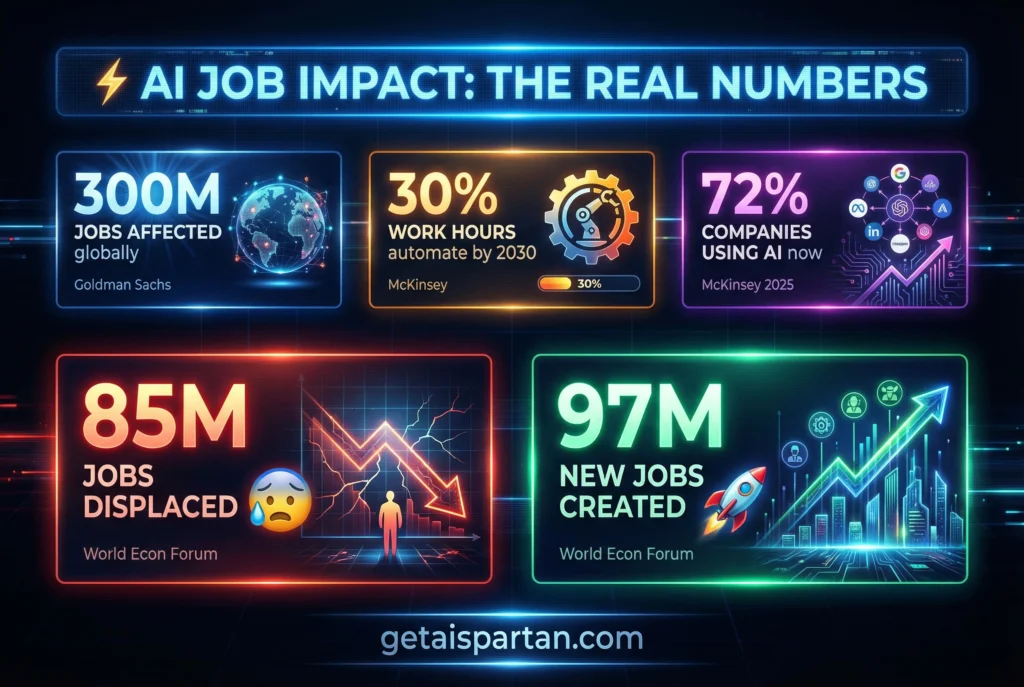 AI job statistics dashboard showing 300 million jobs affected and 97 million new jobs created by artificial intelligence