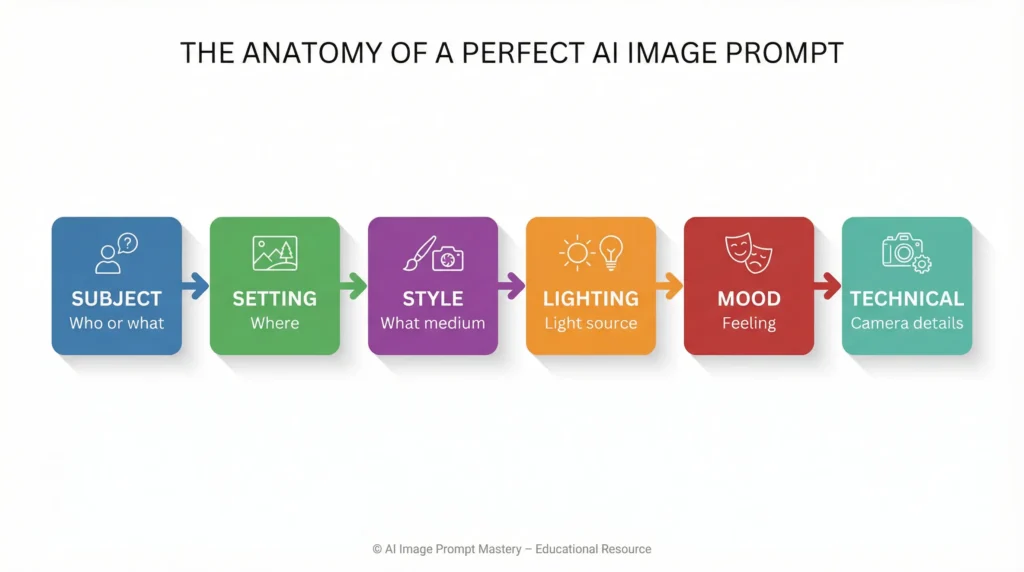 AI prompt formula infographic showing six key elements: subject, setting, style, lighting, mood, and technical details